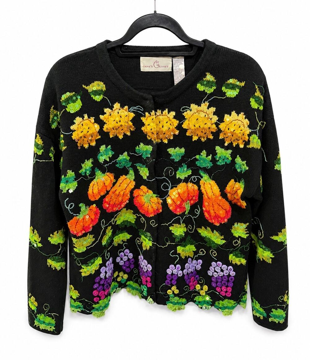 Jane's Closet Black Autumn Harvest Pumpkin Grape Sequin Knit Cardigan Sweater L